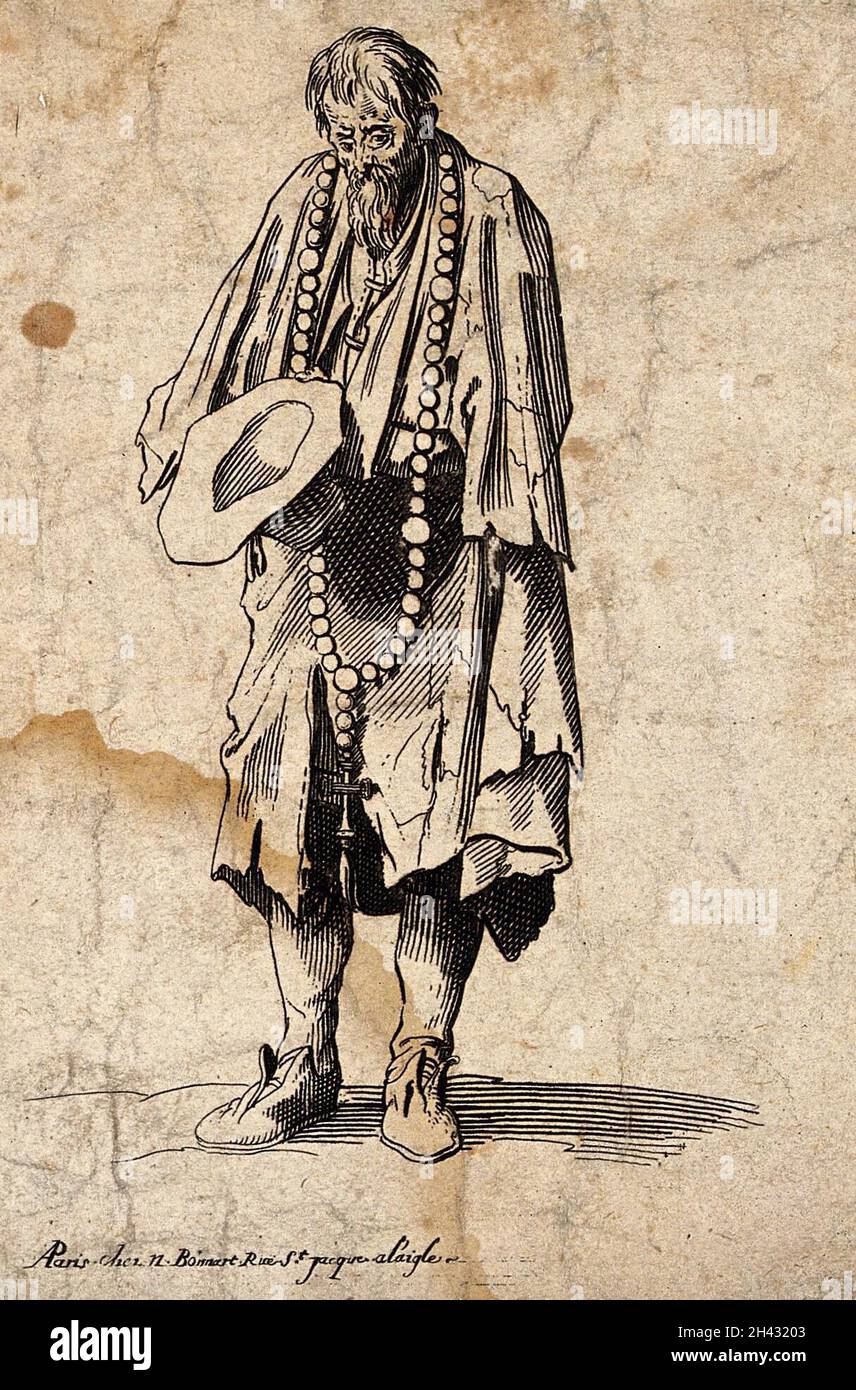 A bearded one-armed beggar in ragged clothes wearing a large rosary ...