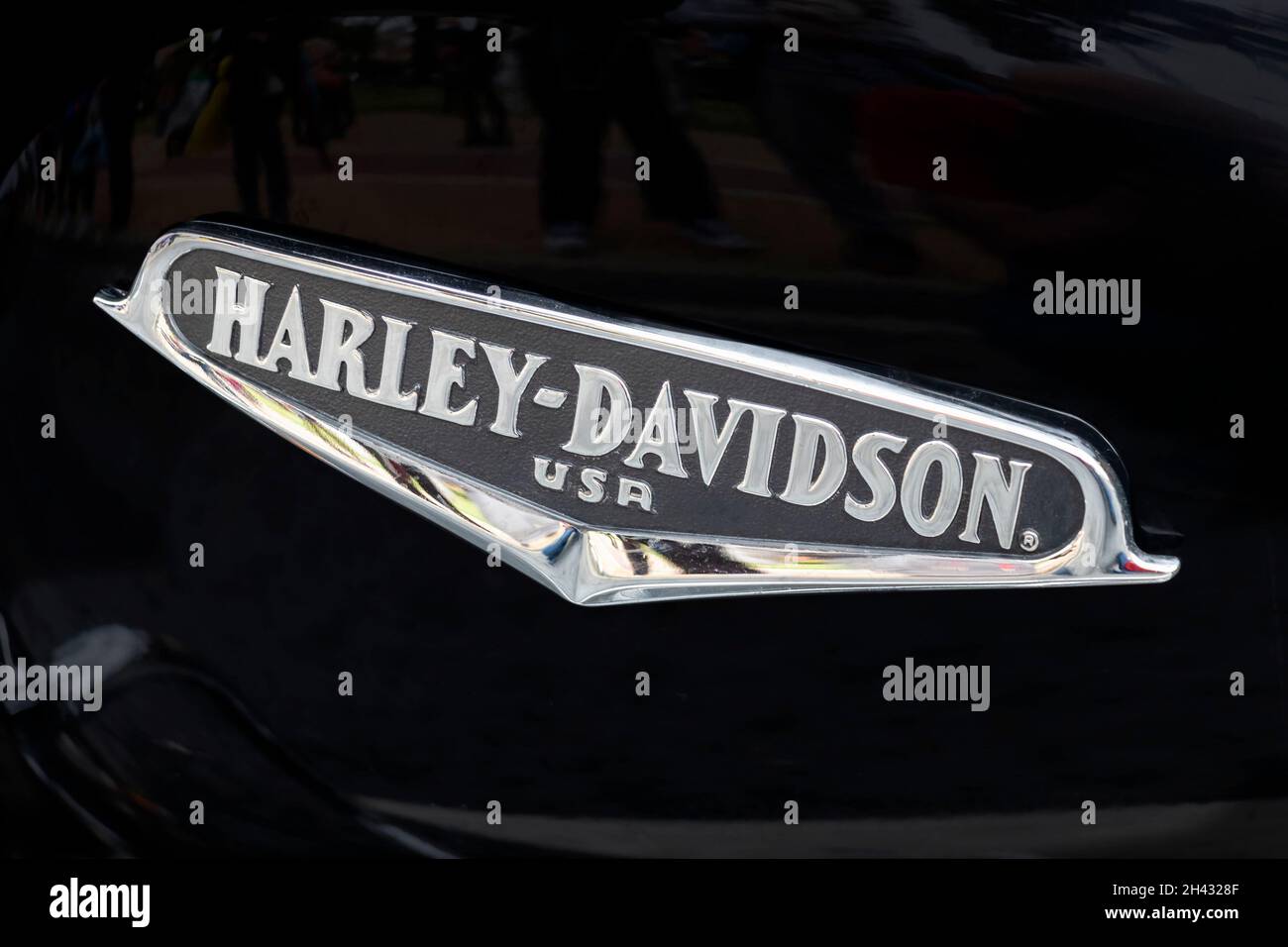 Huelva, Spain - October 30, 2021: Harley-Davidson logo on the motorcycle depot Stock Photo
