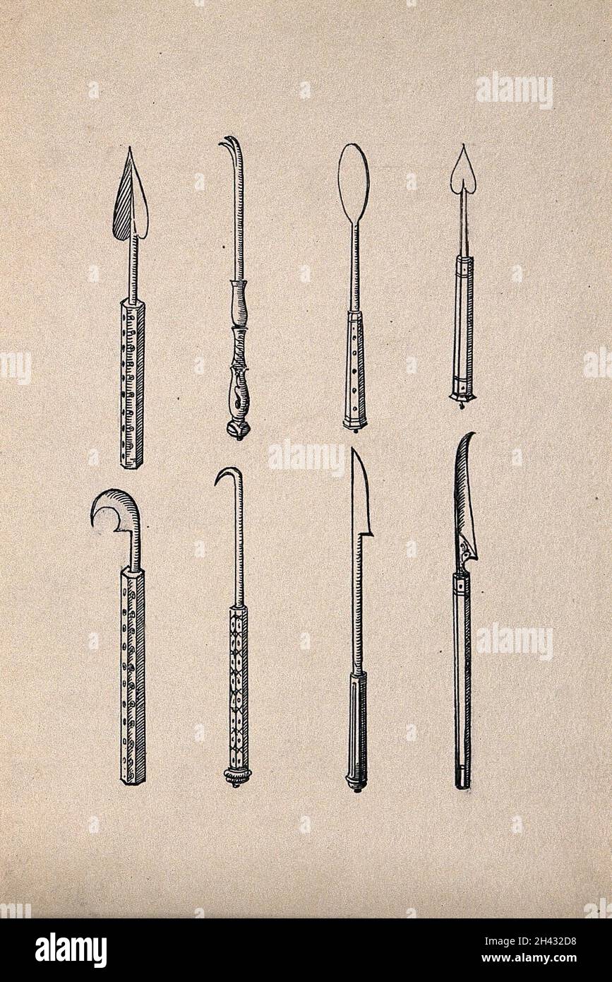 Surgical instruments, mainly spatulas and needles. Drawing with