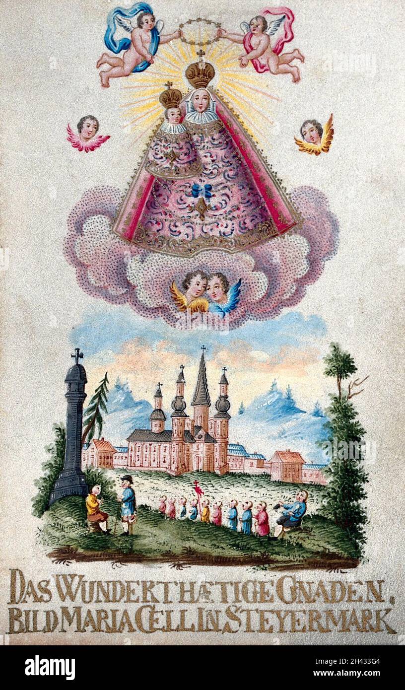 The Virgin of Mariazell and a view of Mariazell with pilgrims. Gouache on parchment. Stock Photo