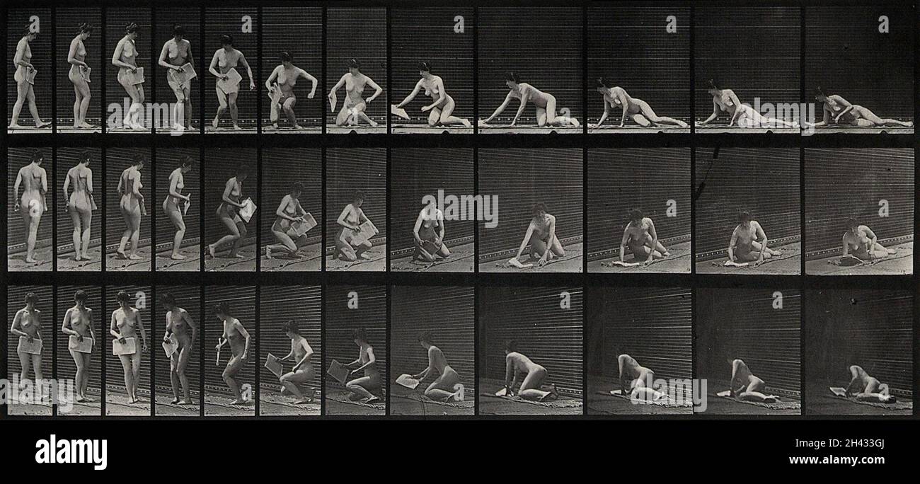 A woman lying down, showing from a three different angles. Photogravure after Eadweard Muybridge, 1887. Stock Photo