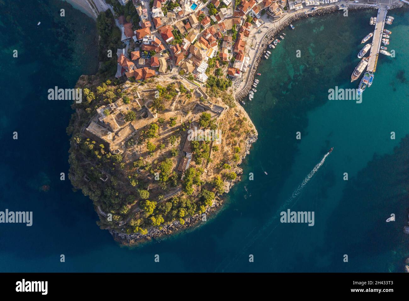 Aerial shot of medieval fort and port town of Parga in West Greece Preveza Stock Photo