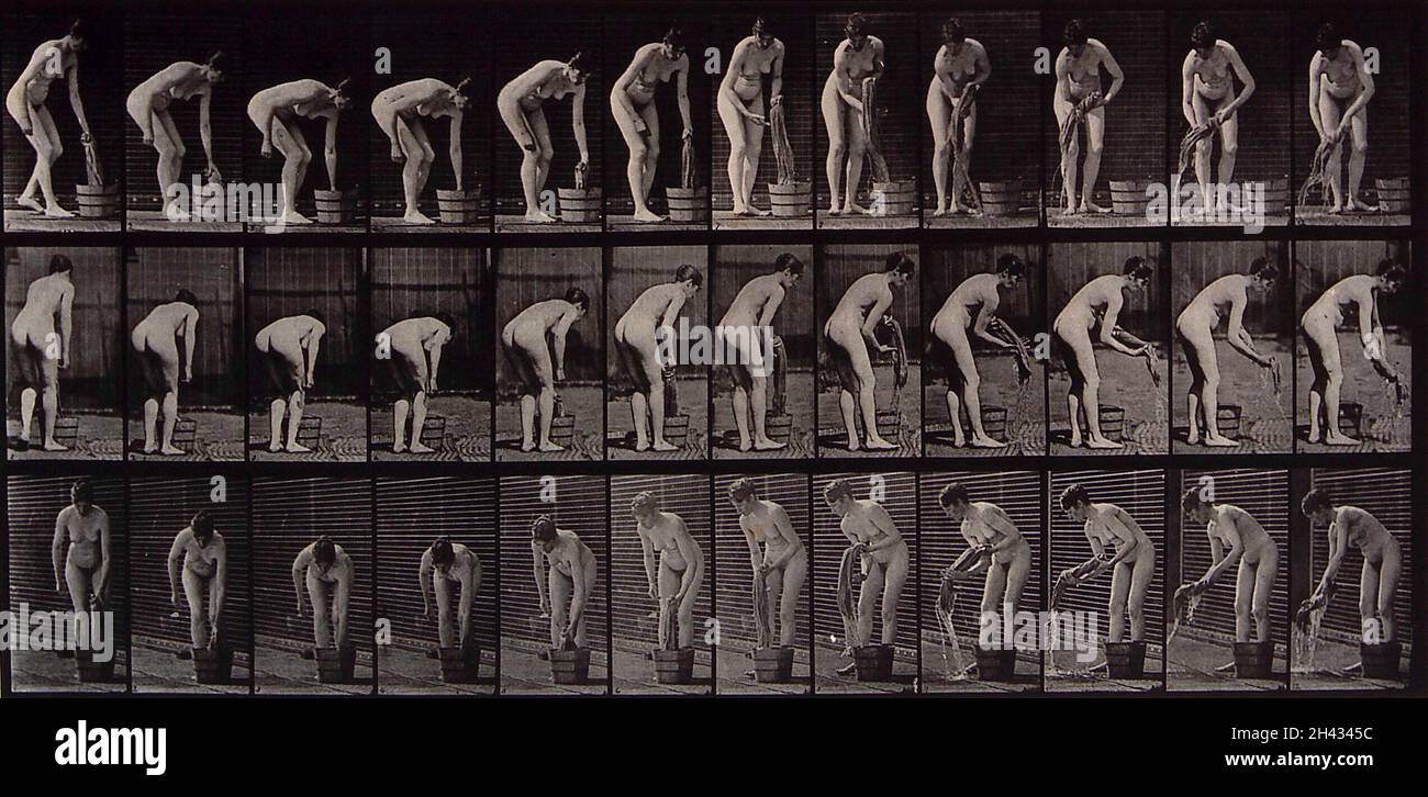 A woman wringing out a piece of cloth. Photogravure after Eadweard Muybridge, 1887. Stock Photo