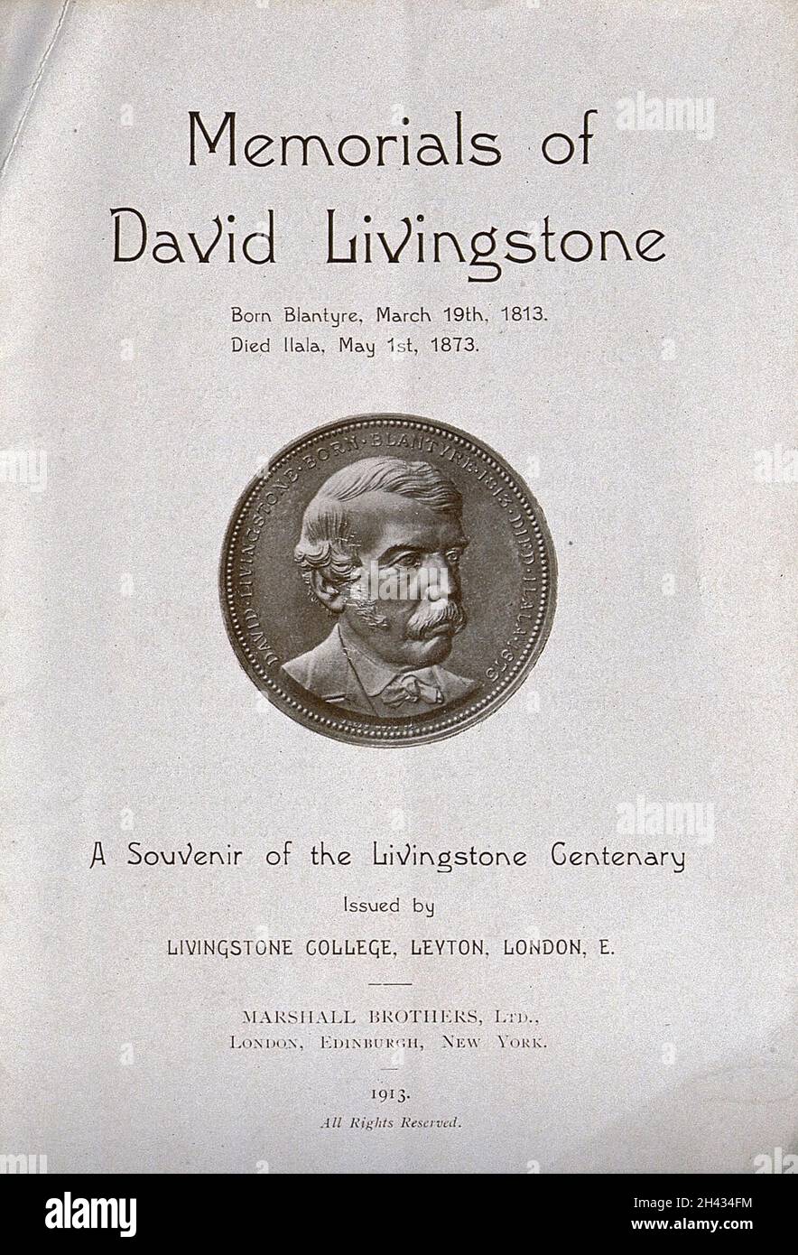 David Livingstone Centenary Medal, issued by the London Missionary Society. Process print and letterpress Stock Photo