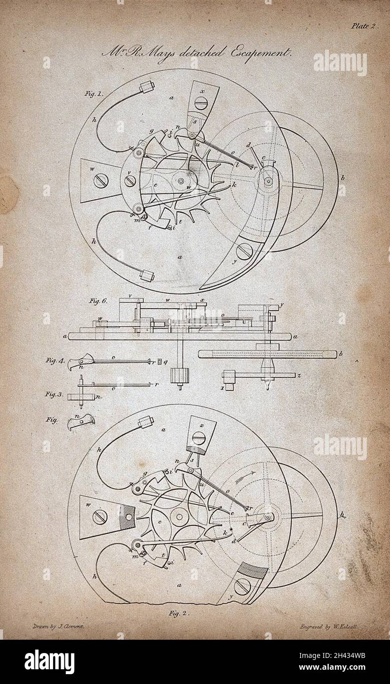 Clocks an escapement mechanism. Engraving by W. Kelsall after J