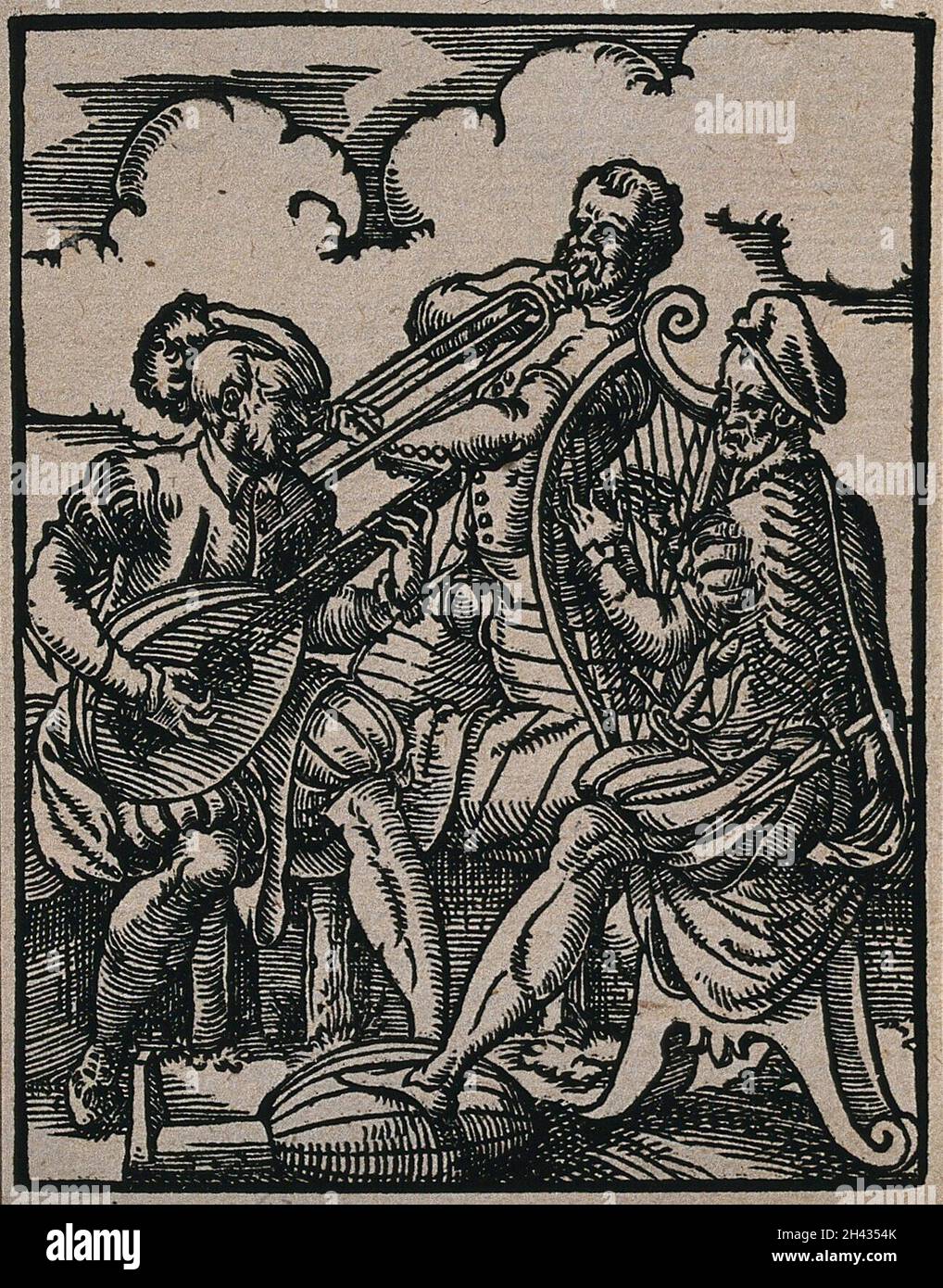 Three men in minstrel's dress play their instruments. Woodcut Stock ...