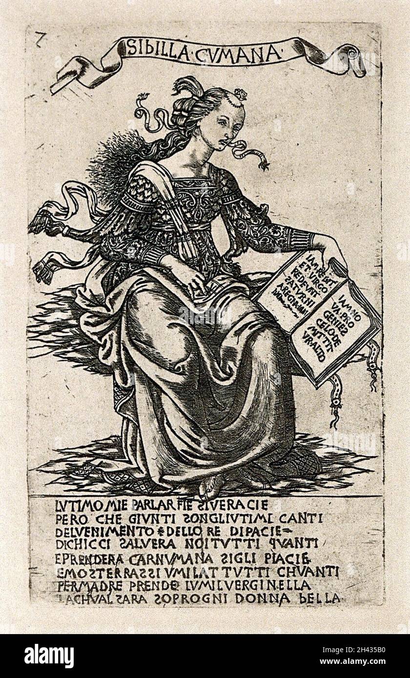 The Cumaean sibyl. Reproduction of an engraving by B. Baldini, ca. 1480. Stock Photo