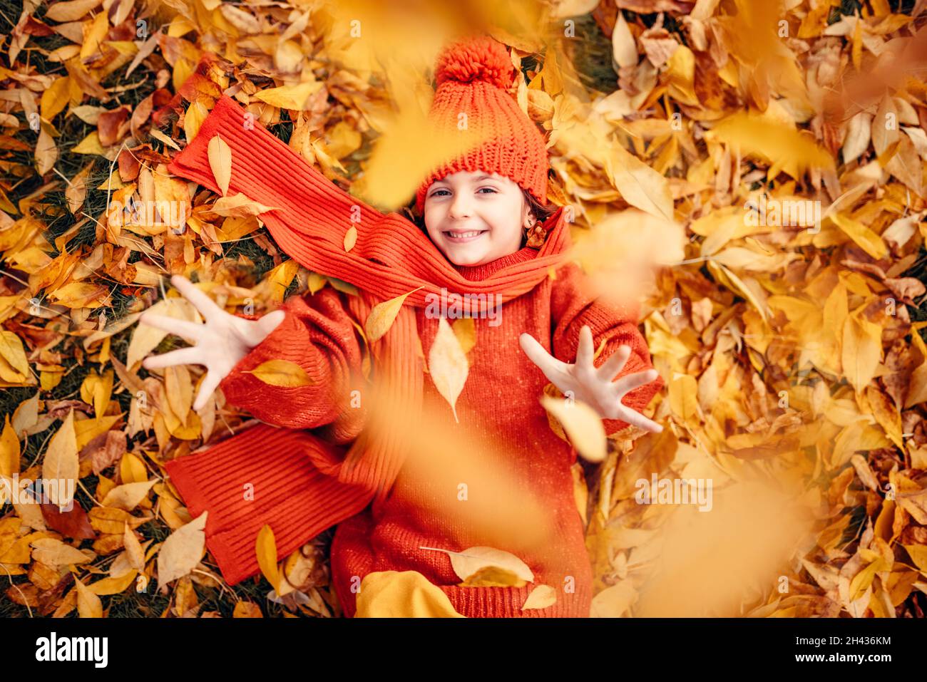 Little smiling girl playing with autumn leaves in a sunshine park Stock ...