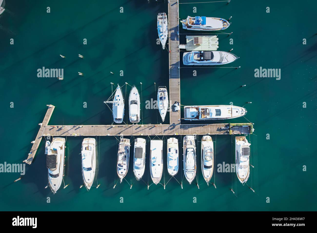 Aerial view of the marina docks with boats moored there. Rimini, Italy - October 2021 Stock Photo