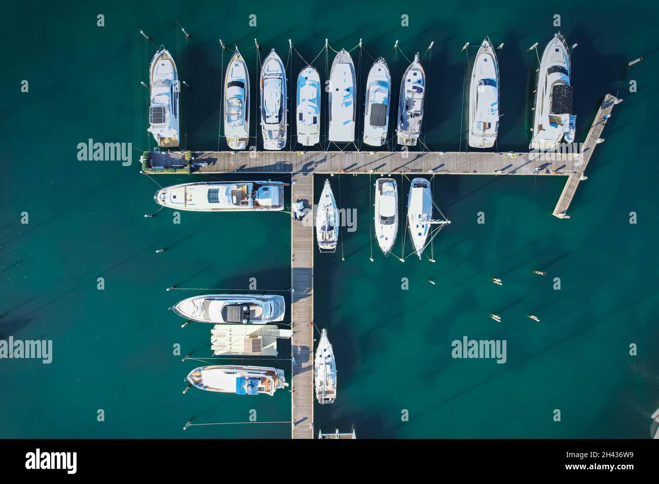 Aerial view of the marina docks with boats moored there. Rimini, Italy ...