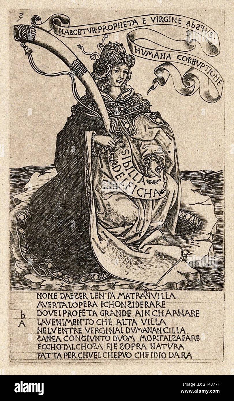 The Delphic sibyl. Reproduction of an engraving by B. Baldini, ca. 1480. Stock Photo