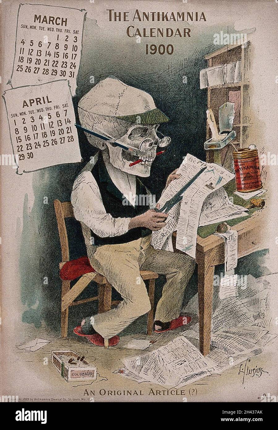 A skeleton dressed as a writer cutting out newspaper articles. Lithograph by L. Crusius, 1900. Stock Photo