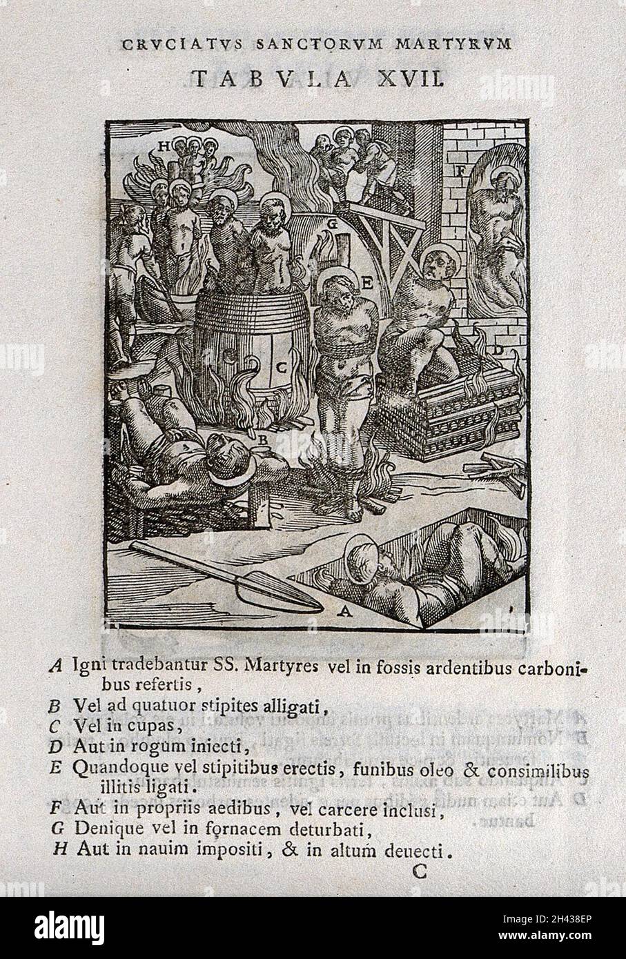 Martyrdom of male saints by various methods. Woodcut. Stock Photo