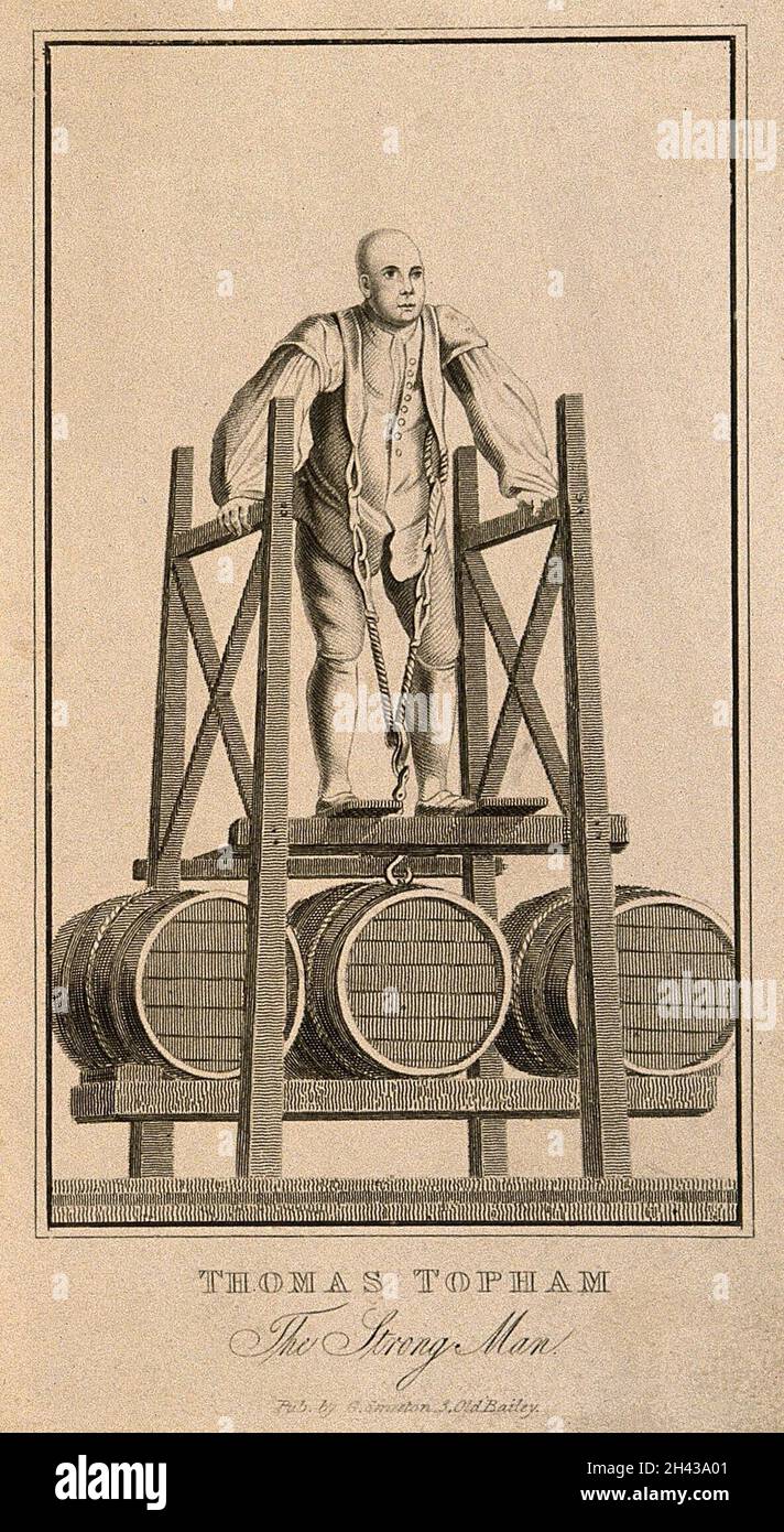 Thomas Topham, lifting 1836 lbs. Engraving after C. Leigh Stock Photo