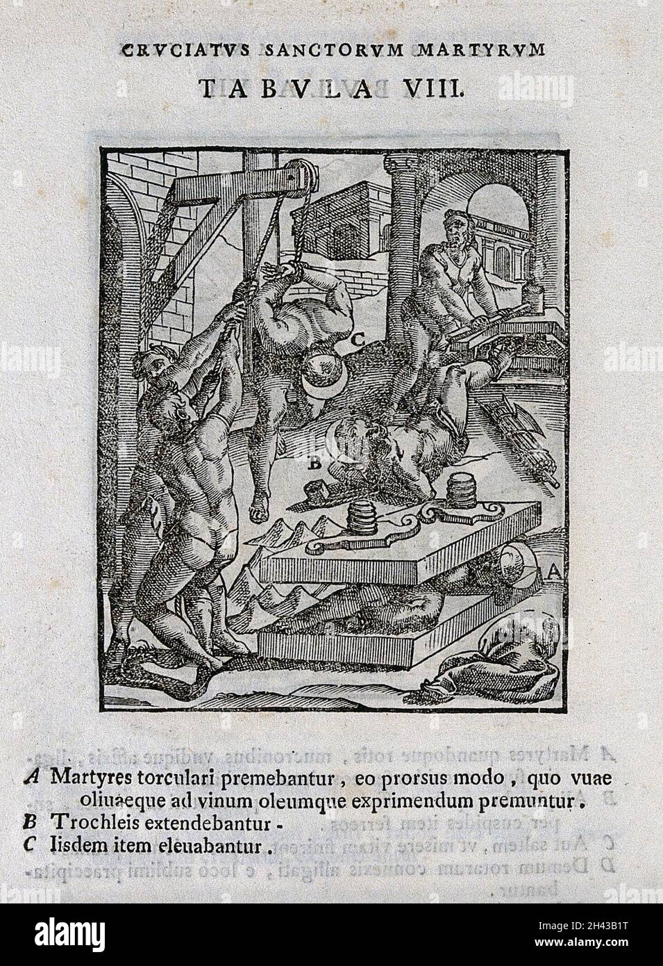 Martyrdom of three male saints by various methods. Woodcut. Stock Photo