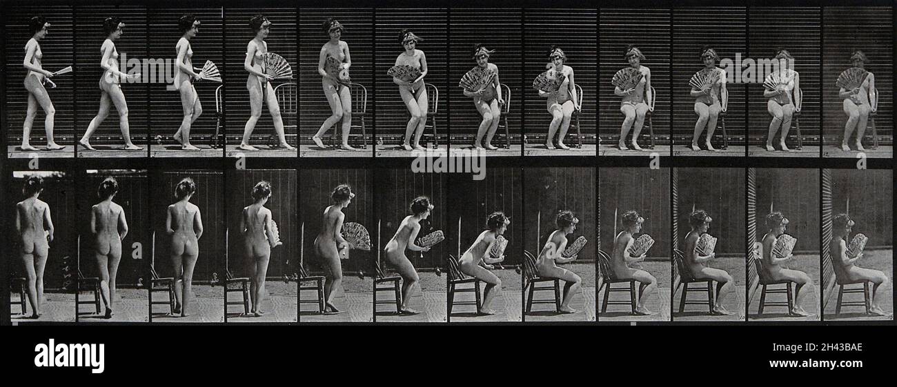 A woman sitting down on a chair and fanning herself. Photogravure after Eadweard Muybridge, 1887. Stock Photo