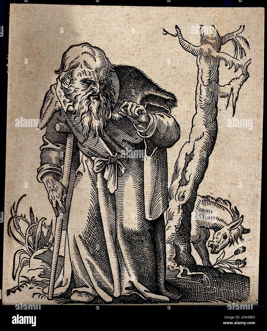 A hunch-backed old man supported by a crutch with a whinnying horse behind. Woodcut by Tobias Stimmer, 1580. Stock Photo
