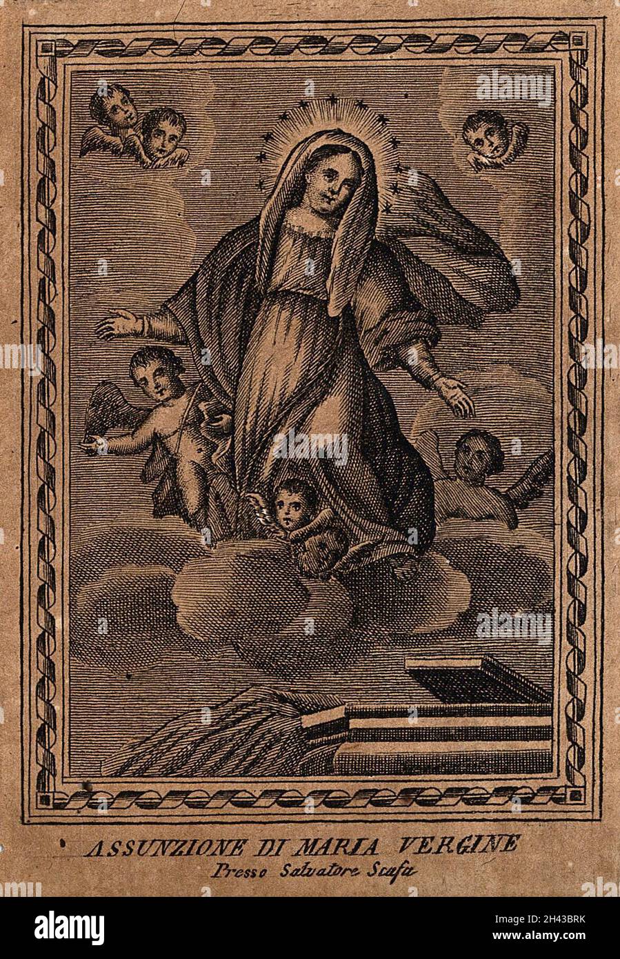 The Assumption of the Virgin Mary. Engraving by S. Scafa. Stock Photo