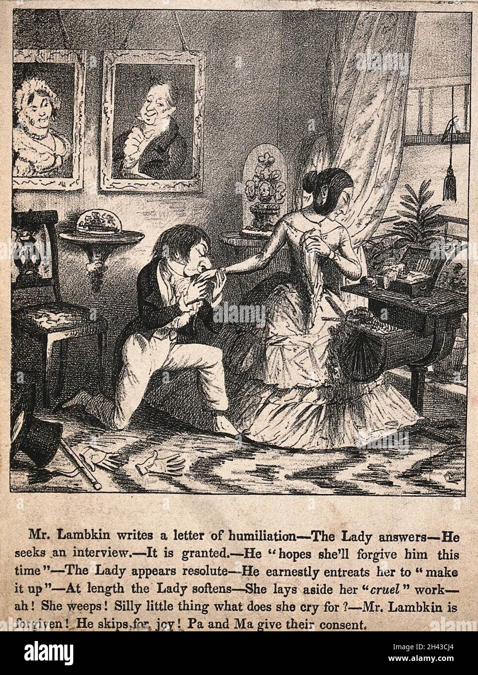 Mr. Lambkin in an old bachelors' club, completely recovered from his illness and contemplating the errors of his ways. Lithograph by G. Cruikshank. Stock Photo