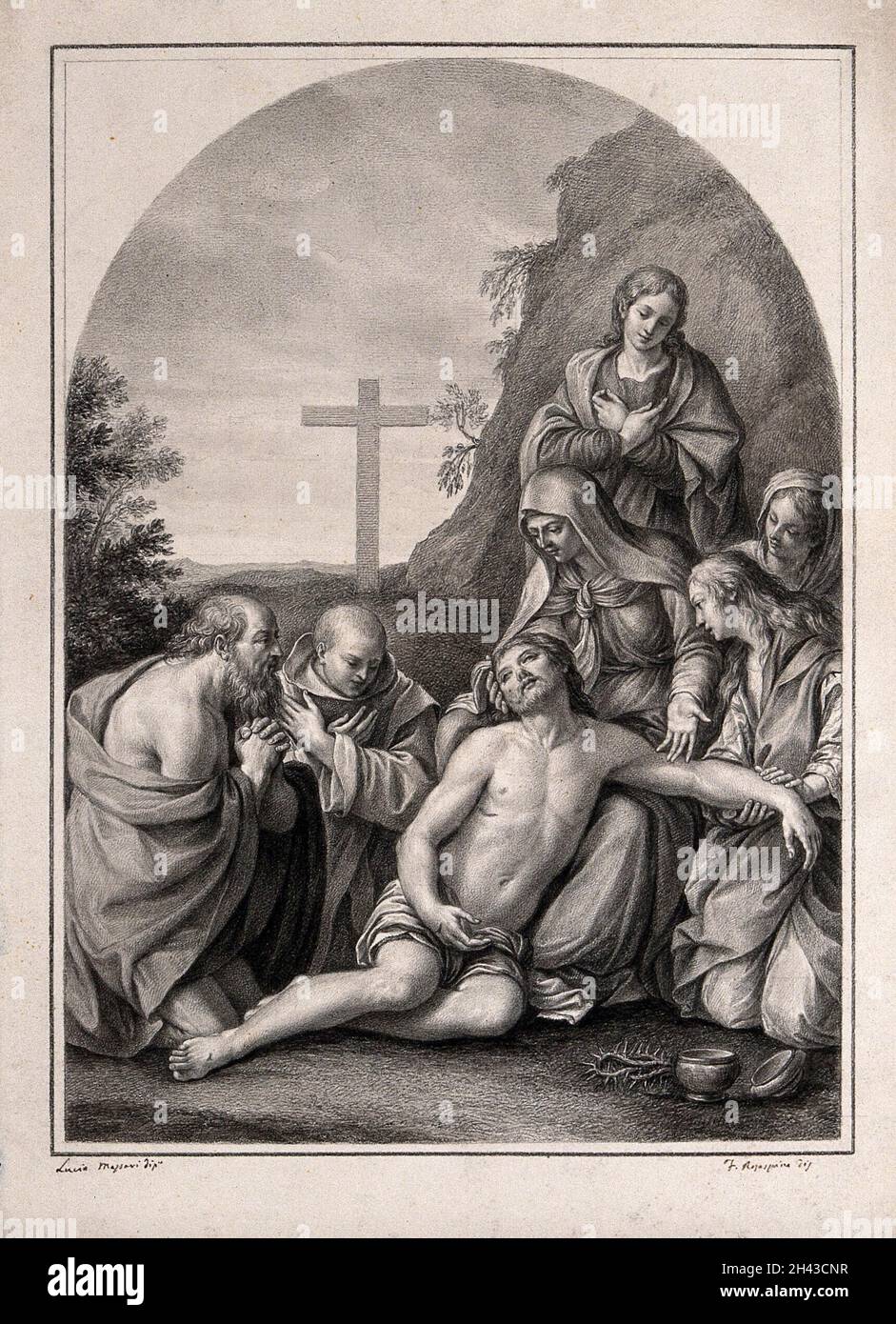 The deposition of Christ from the cross; the holy women mourn. Drawing ...