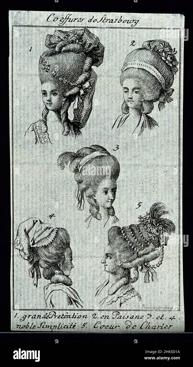 The heads and shoulders of five women who wear elaborate wigs,  head-dresses, hats and hoods. Etching by Rosmaesler Stock Photo - Alamy