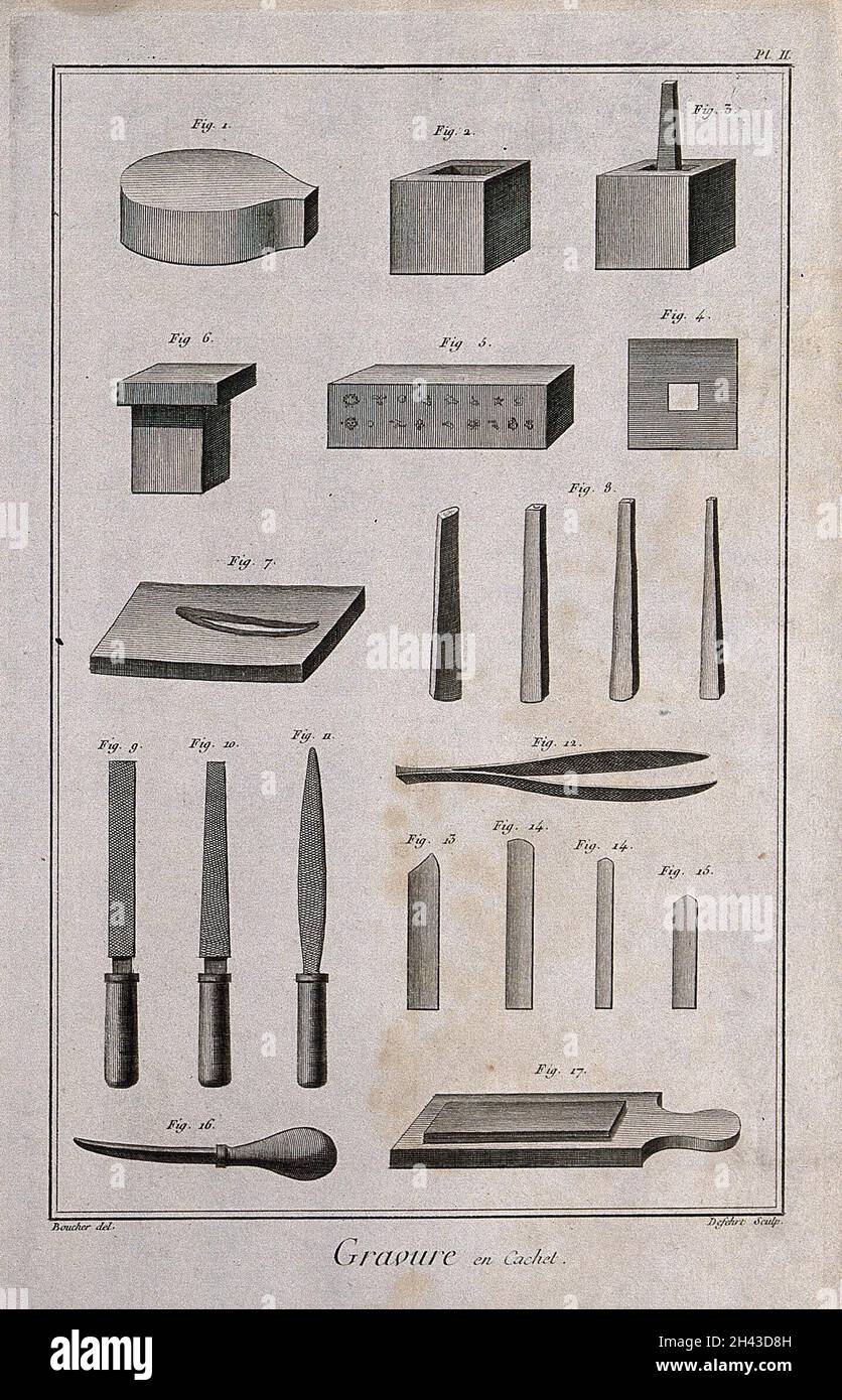 Engraving tools, punches, files, an anvil etc., for cutting medals. Engraving by Defehrt after