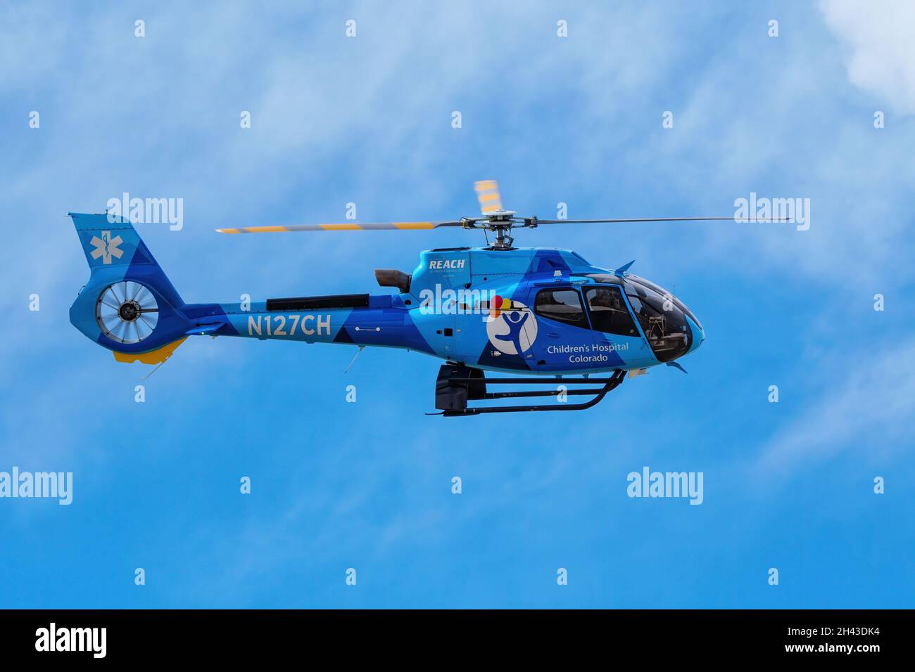 CENTENNIAL, USA-OCT 17: Reach Air Medical Services helicopter lands on October 17, 2020 at Centennial airport near Denver, Colorado. This airport is o Stock Photo