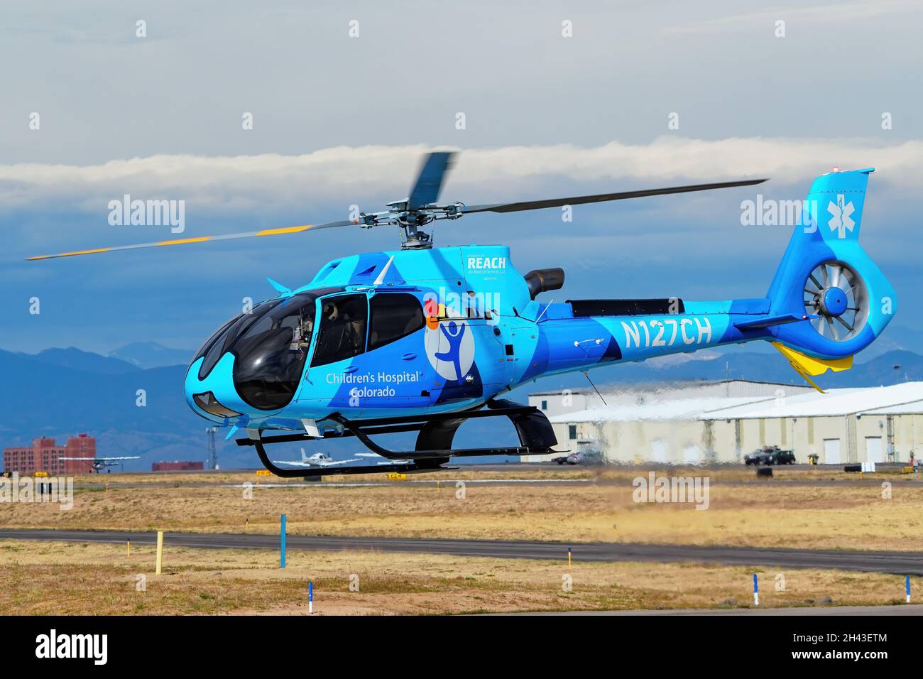 CENTENNIAL, USA-OCTOBER 17: Reach Air Medical Services helicopter lands on October 17, 2020 at Centennial airport near Denver, Colorado. This airport Stock Photo
