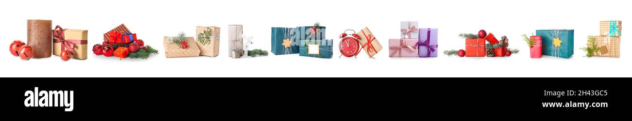 Set of Christmas gift boxes on white background Stock Photo - Alamy