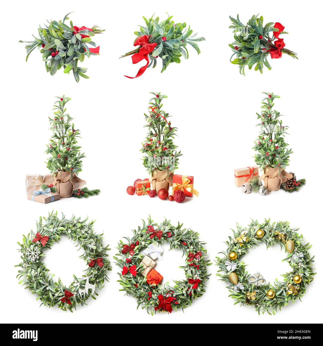 Collection of Christmas mistletoe decor on white background Stock Photo