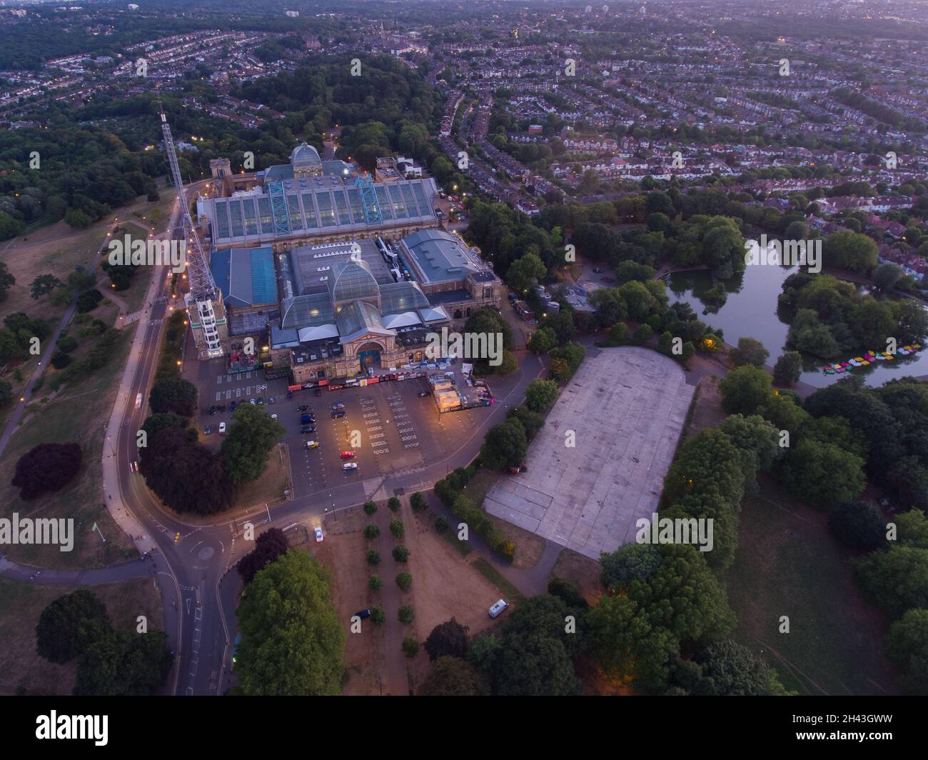 Aerial evening view of Alexandra Palace in North London Stock Photo
