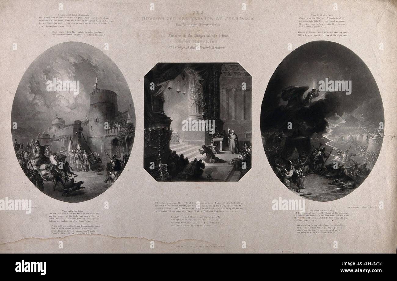The invasion of Jerusalem; Hezekiah's prayer for Jerusalem's deliverance is answered. Mezzotint by G. Sanders, 1845, after E. Taylor. Stock Photo