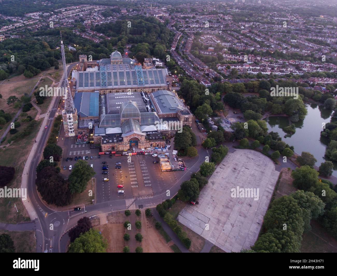 Aerial view of Alexandra Palace and radio tower in North London Stock Photo