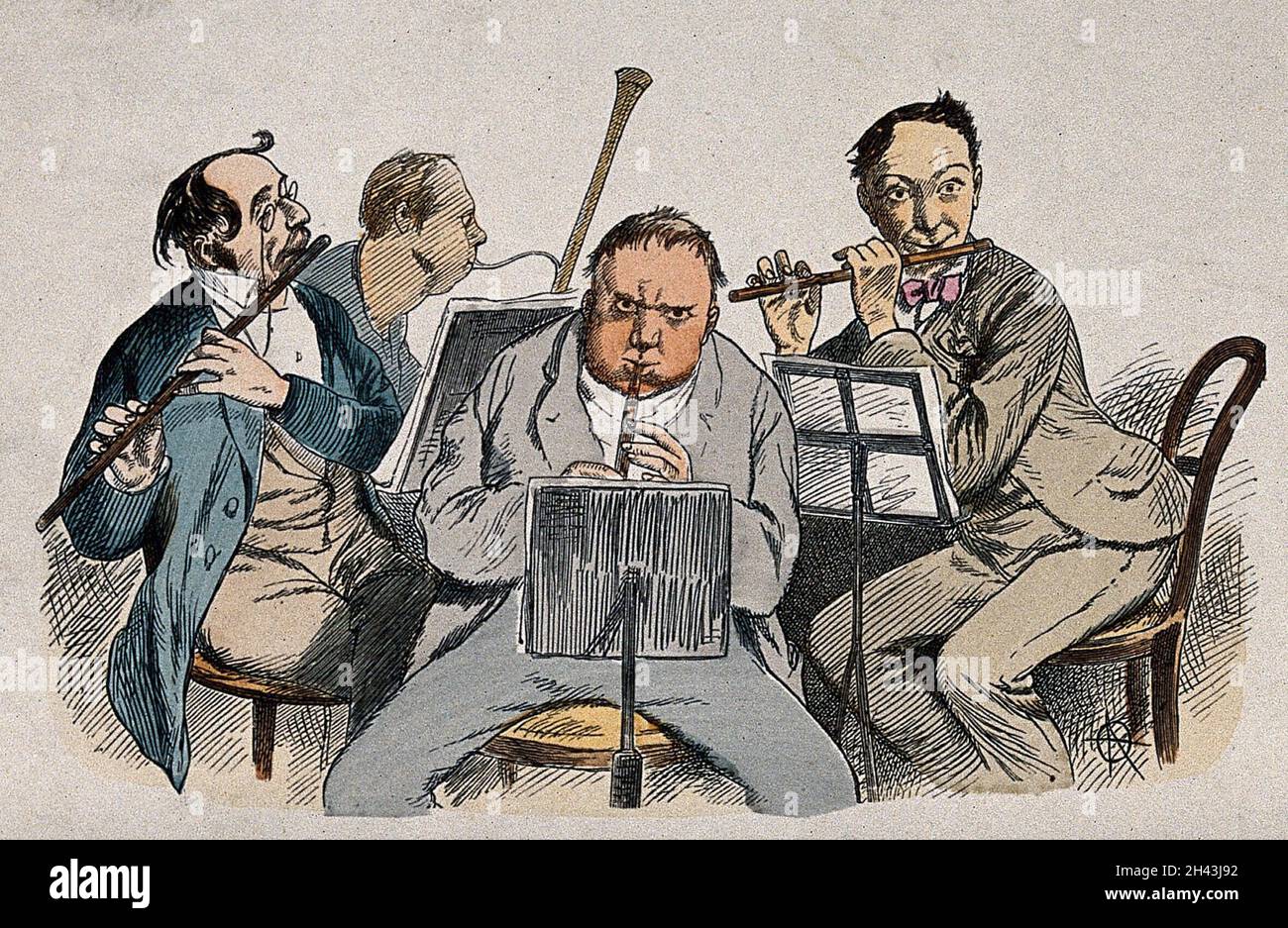 The woodwind section of an orchestra: four men playing. Coloured wood engraving after A. Oberländer, 1876. Stock Photo