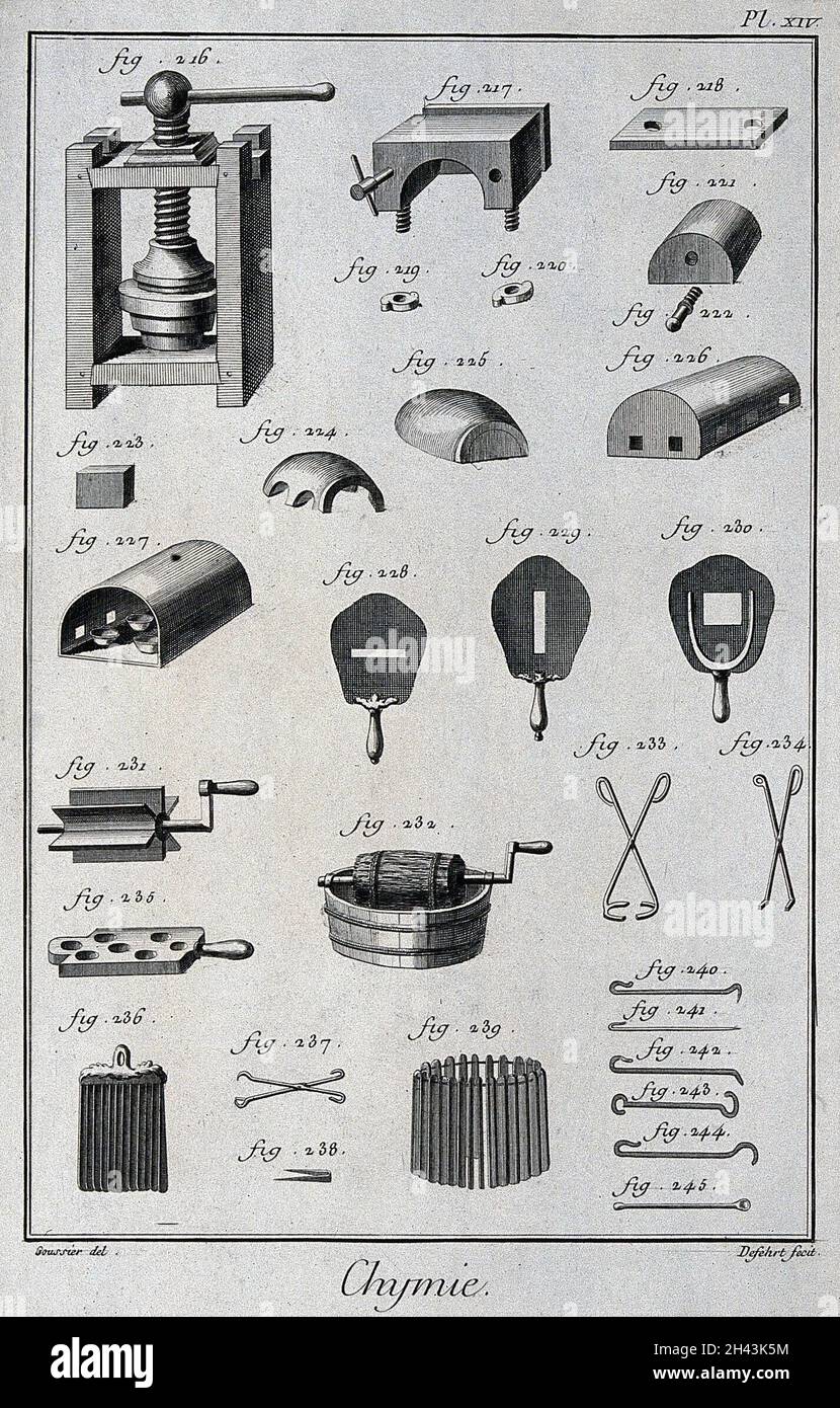 Chemistry: various implements. Engraving by A.J. Defehrt after L.J. Goussier. Stock Photo