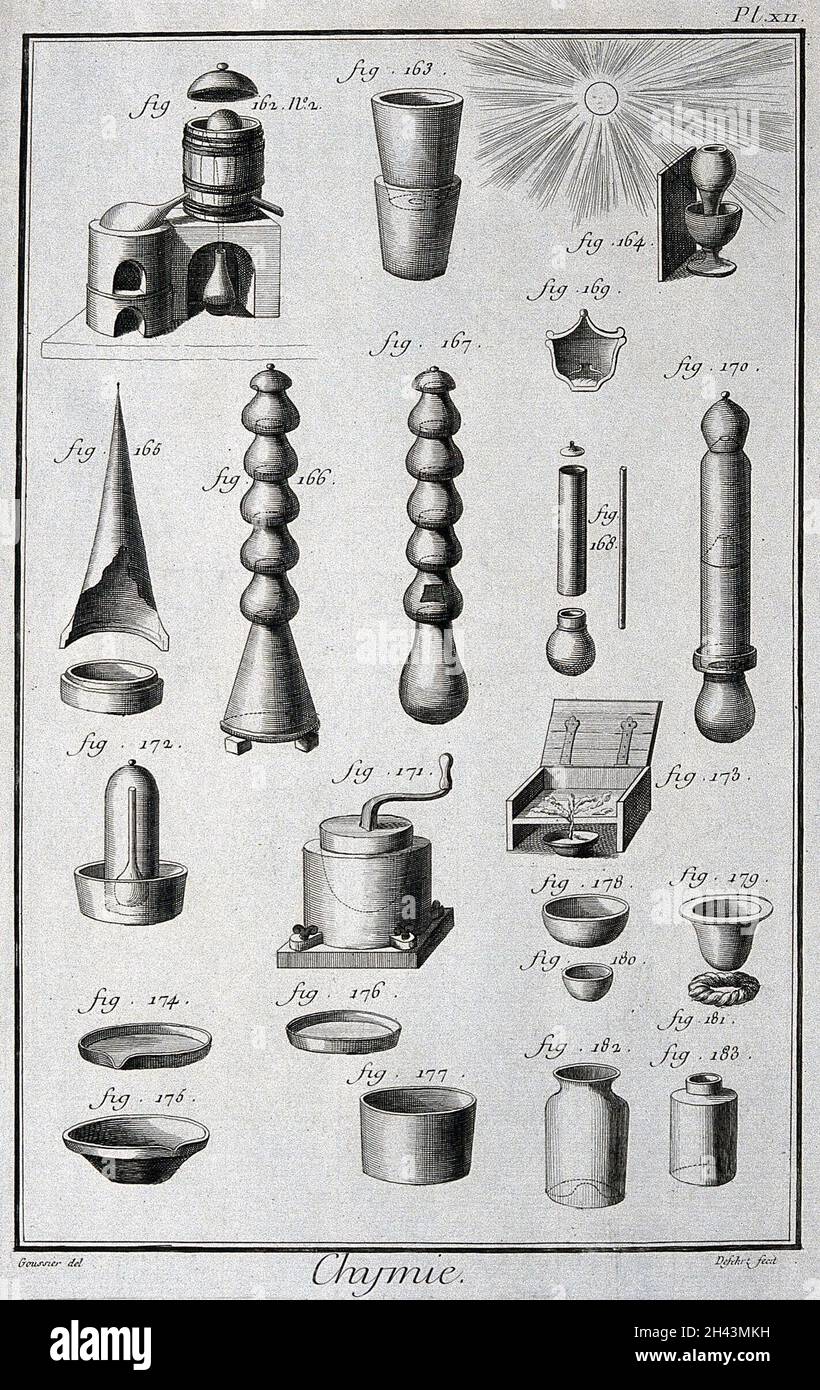 Chemistry: various vessels, including cracking towers. Engraving by A.J. Defehrt after L.J. Goussier. Stock Photo