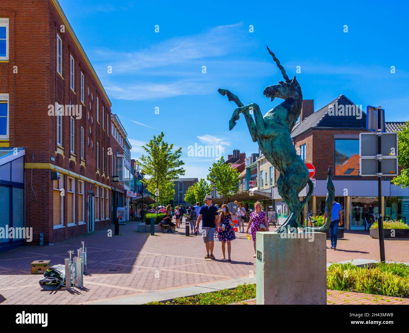 the famous unicorn statue of Oostburg at the city plaza, eenhoornplantsoen, Oostburg, zeeland, The netherlands, 24 July, 2020 Stock Photo