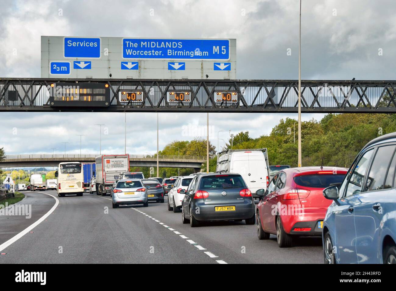 Strensham, England - October 2021: Traffic congestion from traffic queuing on the M5 motorway Stock Photo