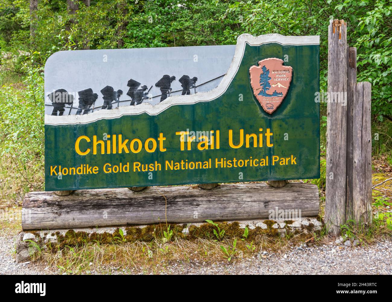 Alaska, Dyea, Klondike Gold Rush National Historical Park, Chilkoot Rail Unit, sign Stock Photo