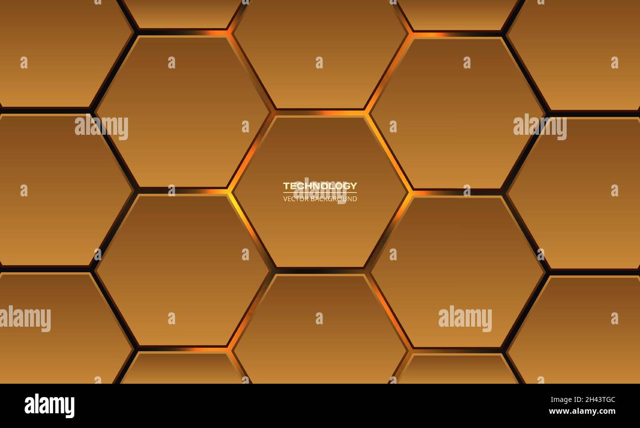 Gold 3d hexagonal technology vector abstract background. Yellow bright energy flashes under hexagon Stock Vector