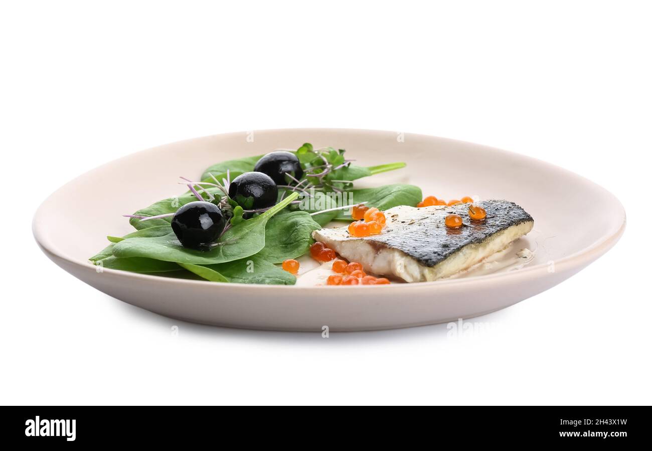 Plate of tasty sea bass fish with red caviar on white background Stock