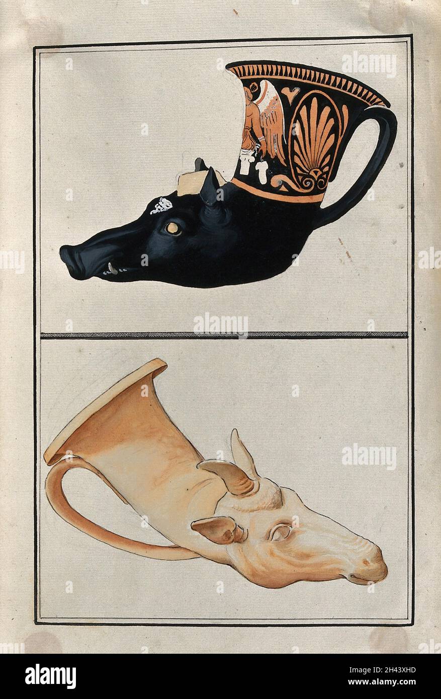 Above, redfigured Greek drinking horn (rhyton) ending in a boar's head