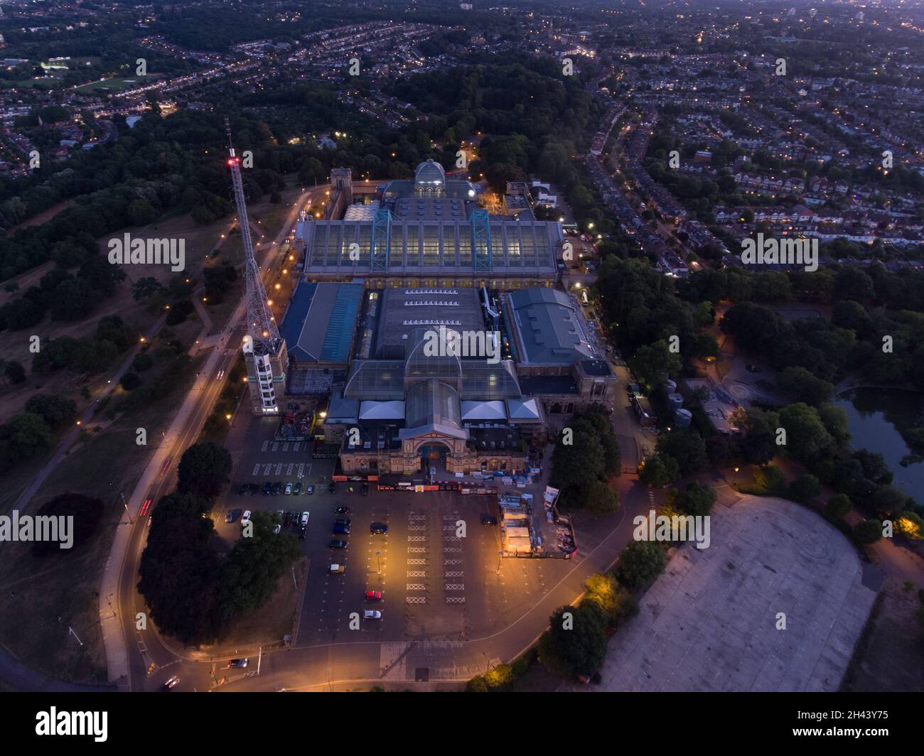 Aerial evening view of Alexandra Palace in North London Stock Photo