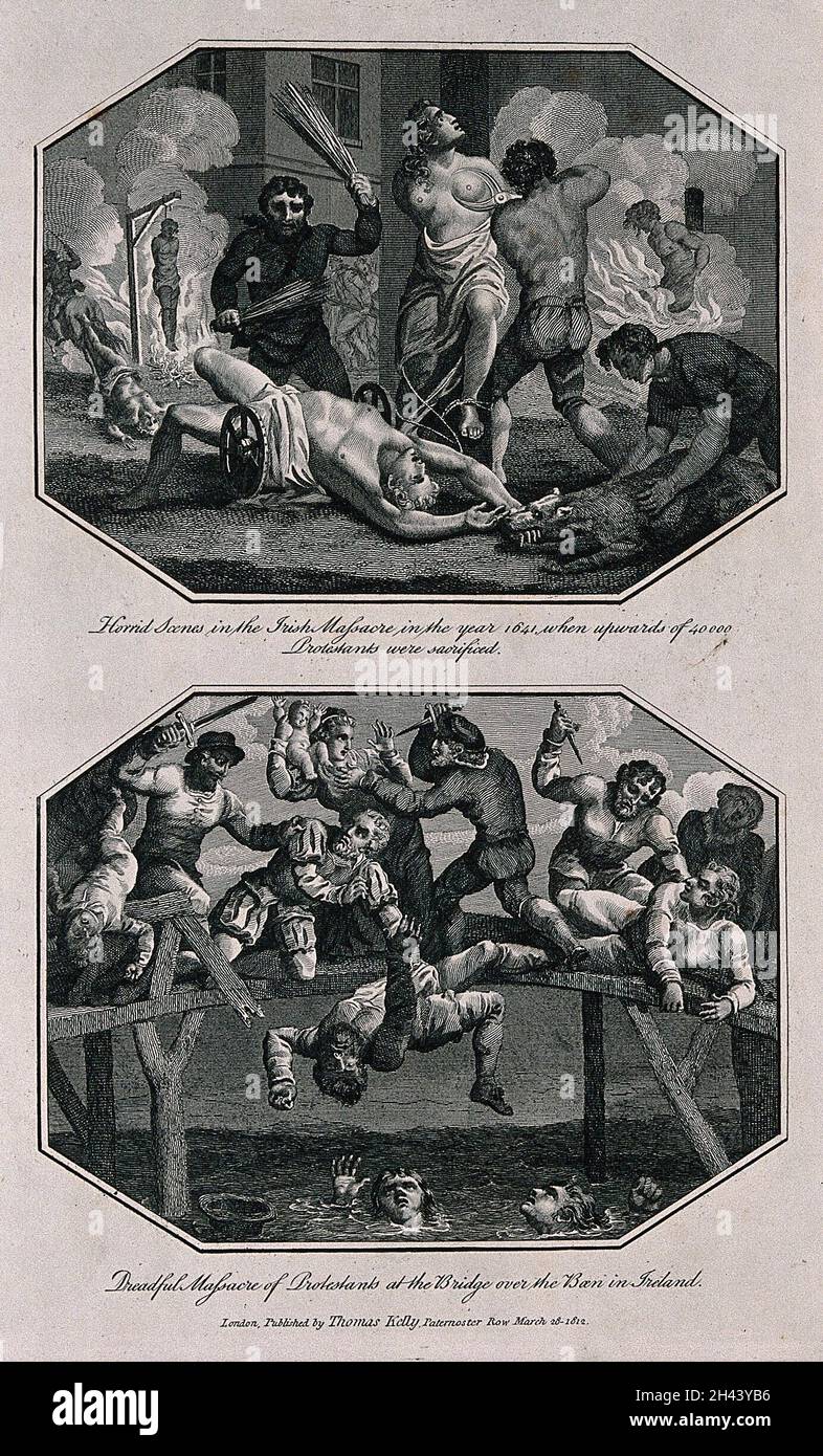 Above, the Irish Massacre in 1641: men are being hanged, beaten and dragged by their feet behind horses while a woman has her nipples cut off with large scissors; below, men women and children are massacred on a bridge over the River Boen in Ireland. Etching with engraving. Stock Photo