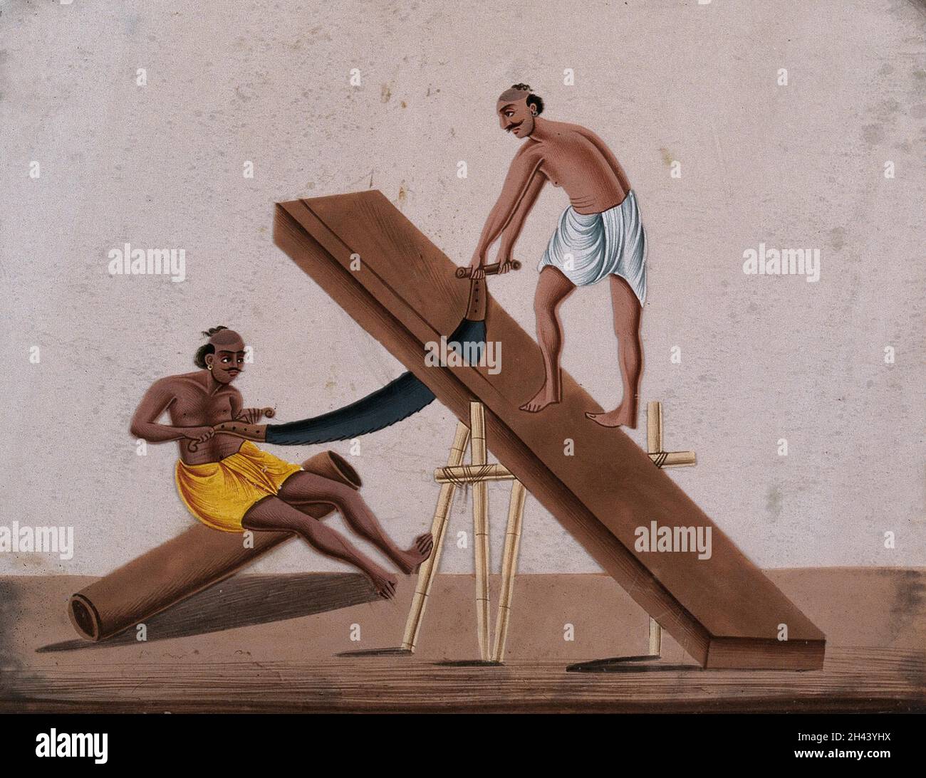 Two men sawing a large block of wood gouache painting on mica by an