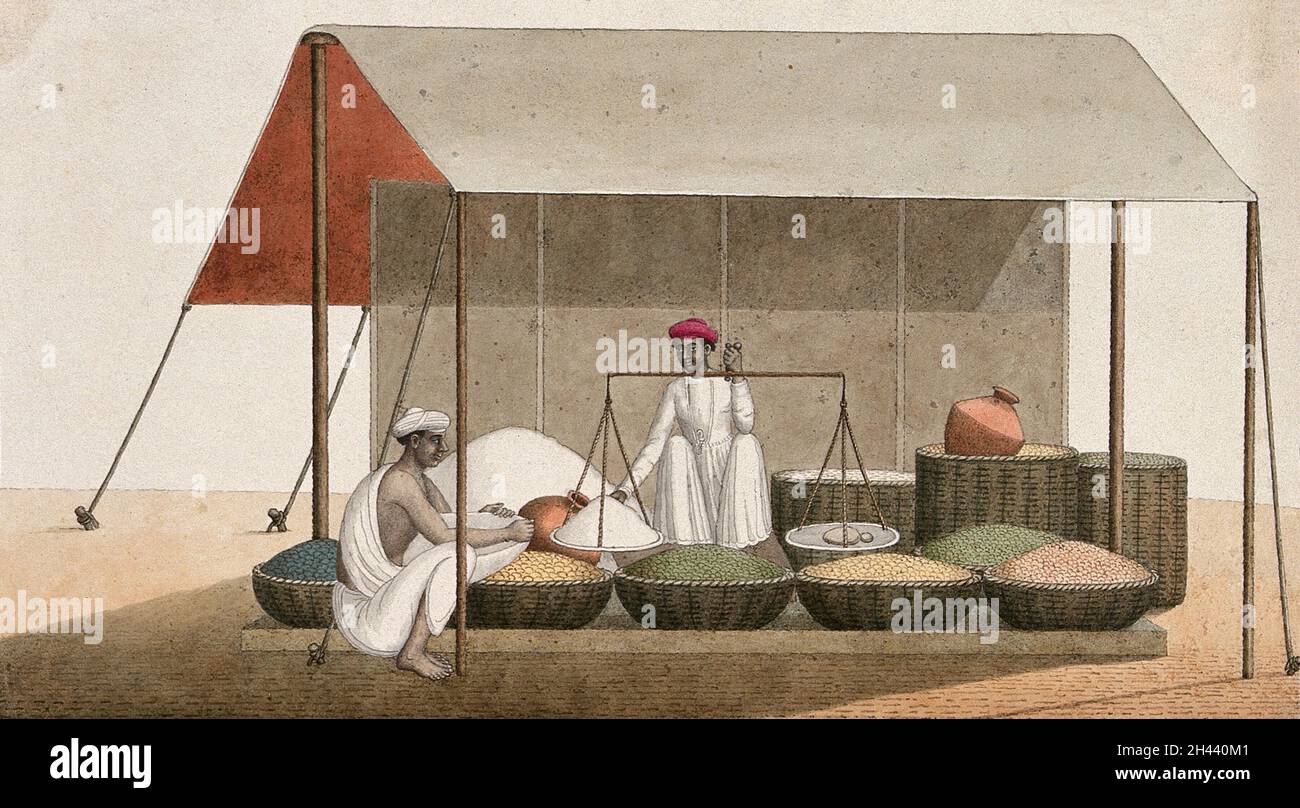 A shopkeeping weighing grains for a customer. Watercolour painting by an Indian artist. Stock Photo