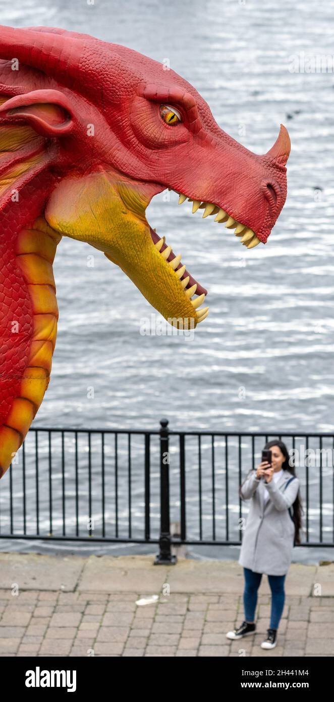 CARDIFF, WALES - OCTOBER 23: A 15-metre-long and six-metre-tall animatronic dragon in Tacoma Square, Mermaid Quay on October 23, 2021 in Cardiff, Wale Stock Photo