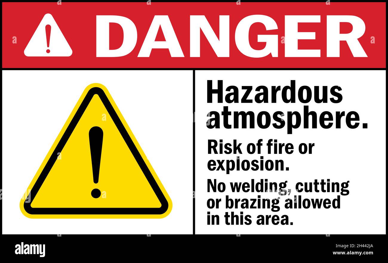 Danger sign. Hazardous atmosphere risk of fire or explosion. No welding, cutting or brazing allowed in this area. Safety signs and symbols. Stock Vector