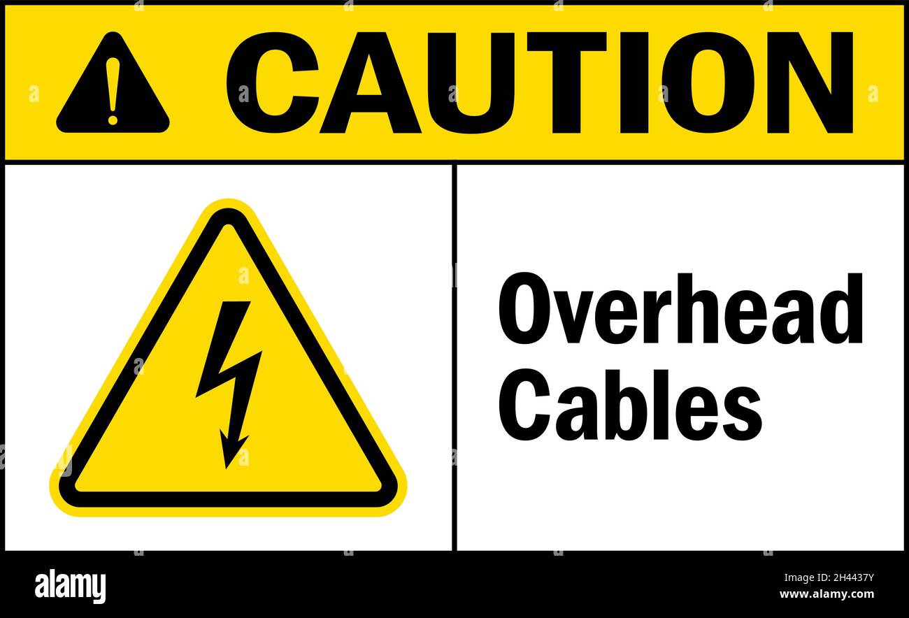 Caution Overhead cables sign. Electrical safety signs and symbols. Stock Vector