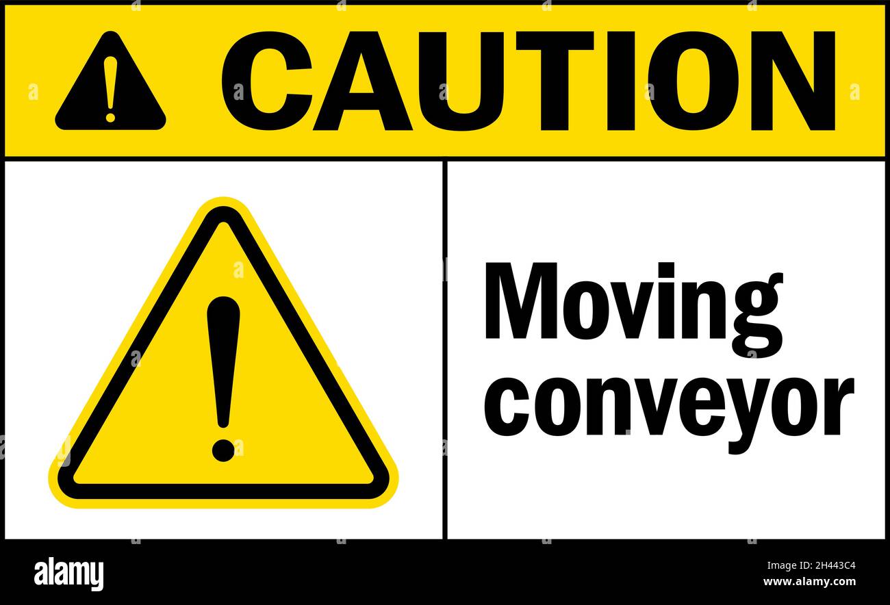 Caution Moving conveyor warning sign. Warehouse safety signs and symbols. Stock Vector